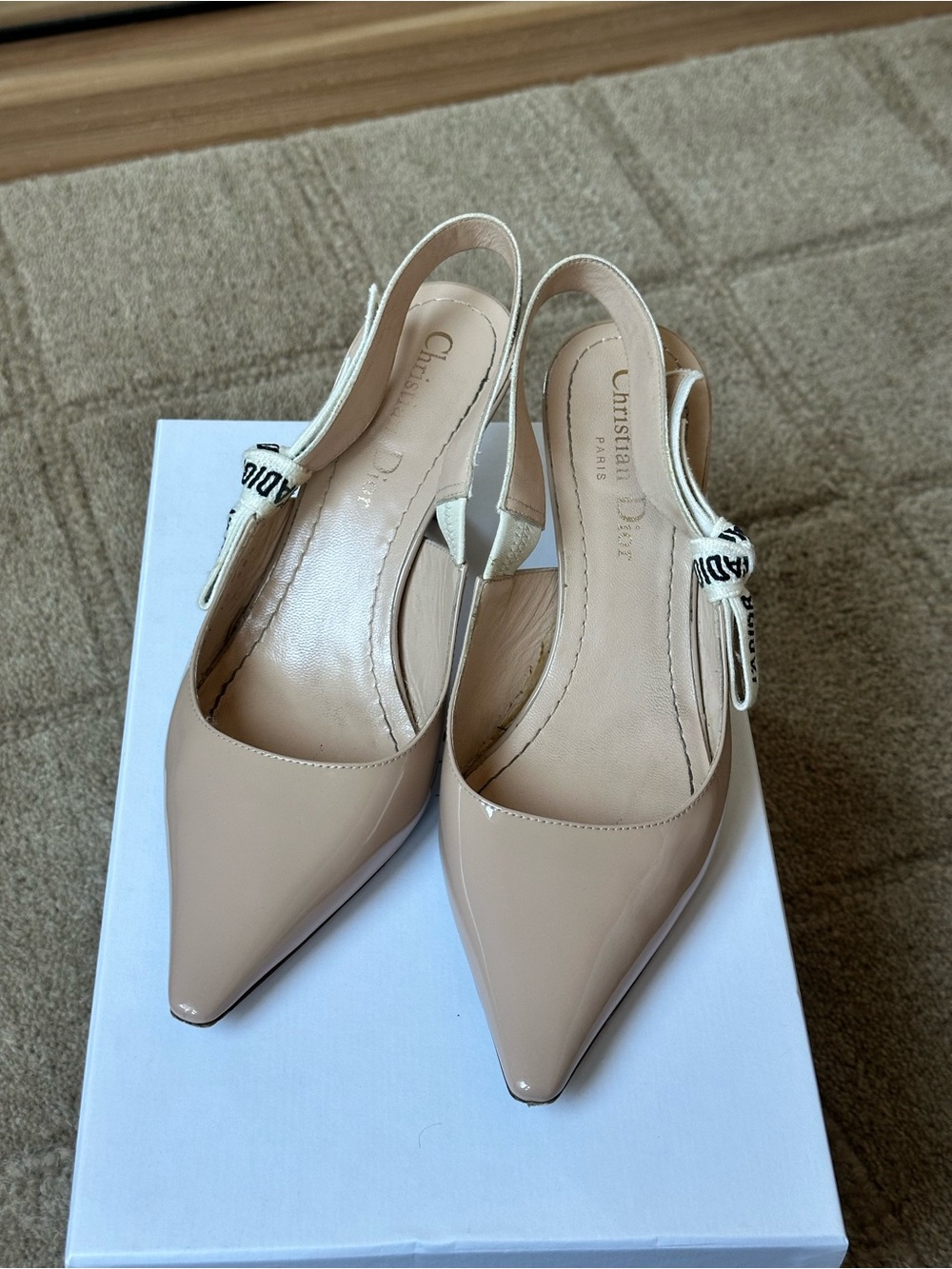 Dior Nude Patent Leather Slingback Pumps with Logo Bow